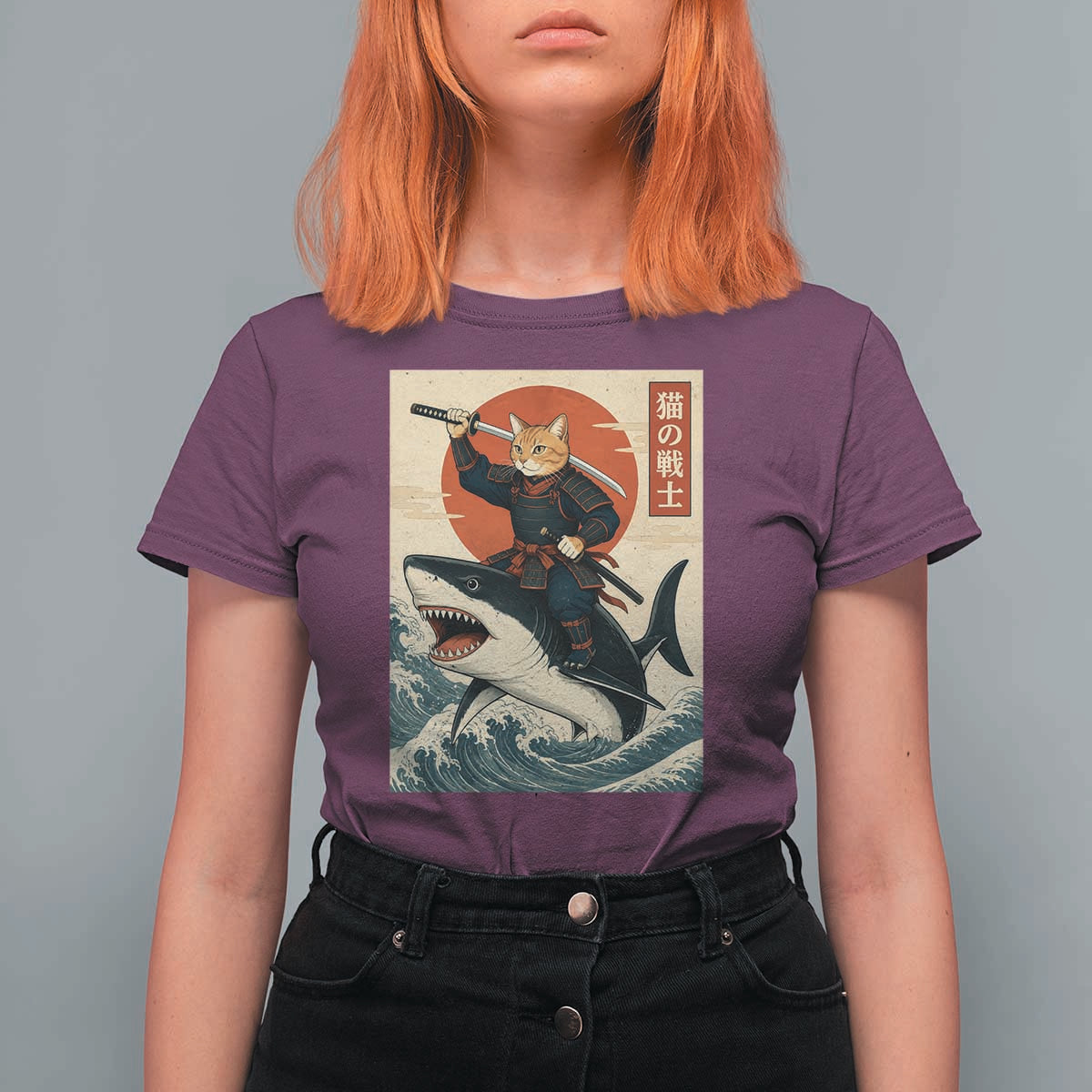 Funny Samurai Cat Riding Shark T Shirt For Women Vintage Japanese Ukiyoe