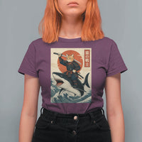 Funny Samurai Cat Riding Shark T Shirt For Women Vintage Japanese Ukiyoe