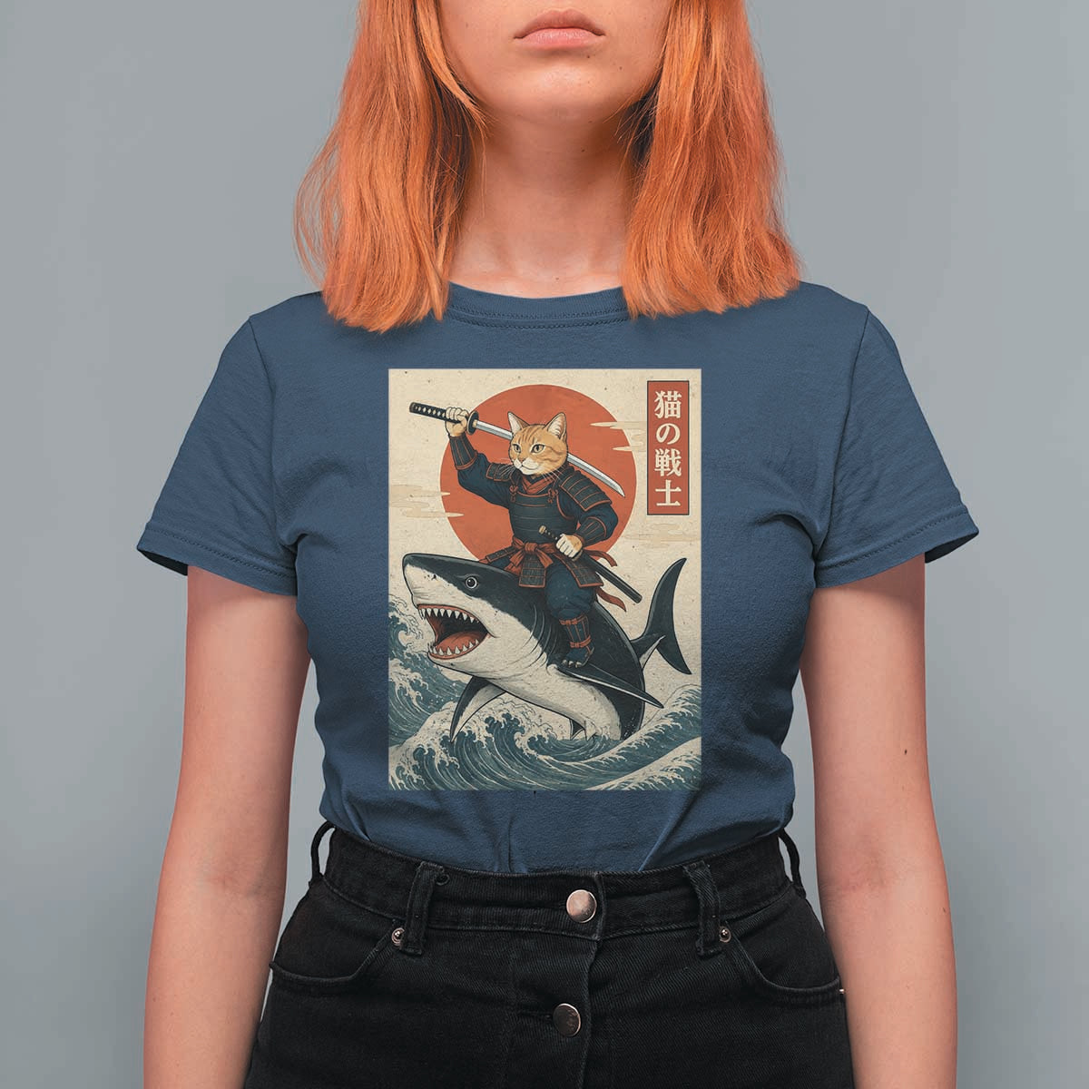 Funny Samurai Cat Riding Shark T Shirt For Women Vintage Japanese Ukiyoe