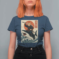 Funny Samurai Cat Riding Shark T Shirt For Women Vintage Japanese Ukiyoe