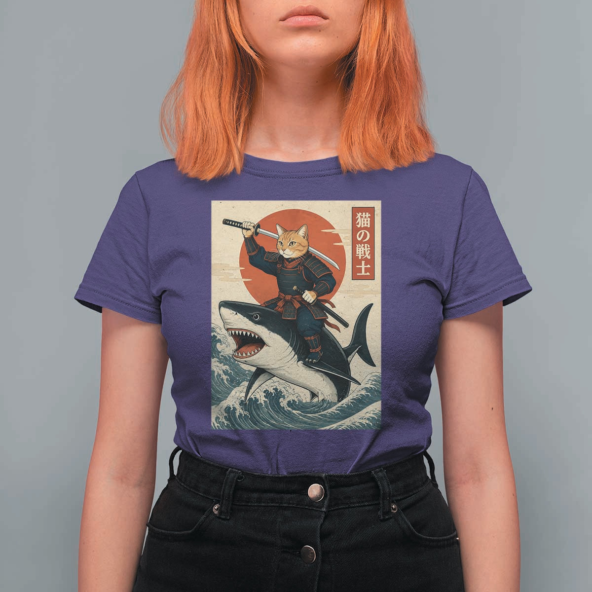 Funny Samurai Cat Riding Shark T Shirt For Women Vintage Japanese Ukiyoe