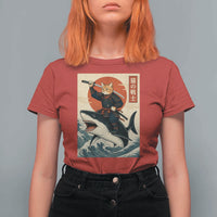 Funny Samurai Cat Riding Shark T Shirt For Women Vintage Japanese Ukiyoe