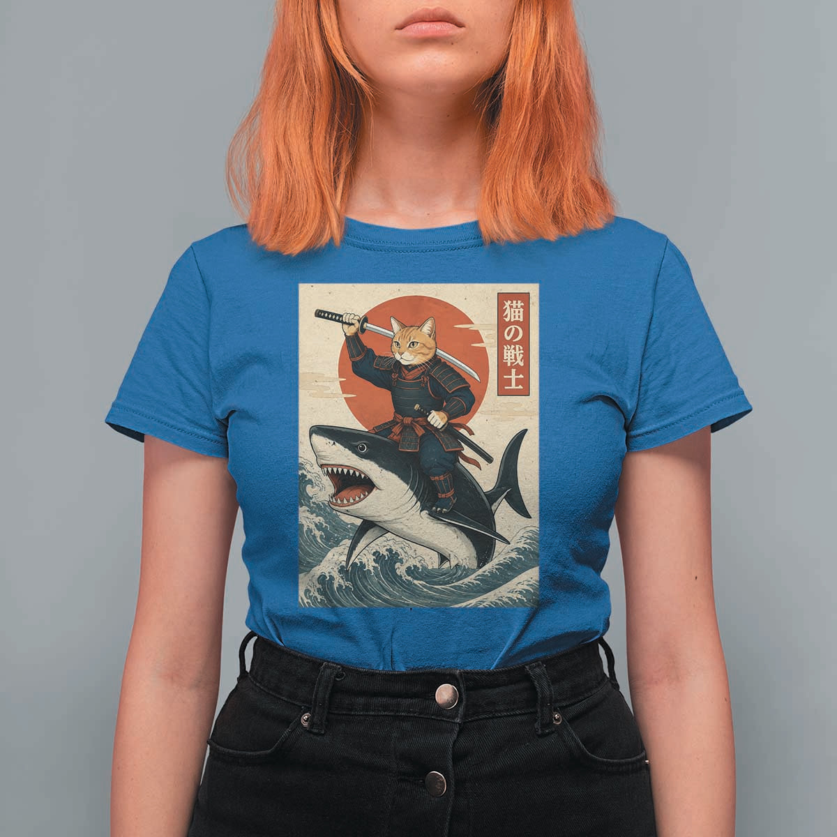 Funny Samurai Cat Riding Shark T Shirt For Women Vintage Japanese Ukiyoe