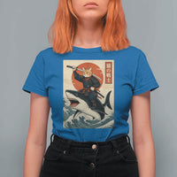 Funny Samurai Cat Riding Shark T Shirt For Women Vintage Japanese Ukiyoe