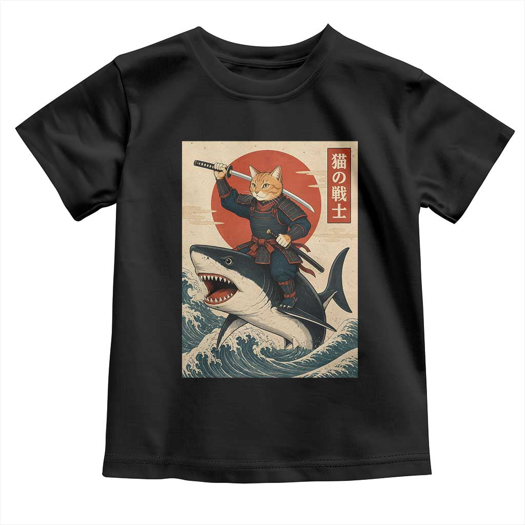 Funny Samurai Cat Riding Shark Toddler T Shirt Vintage Japanese Ukiyoe