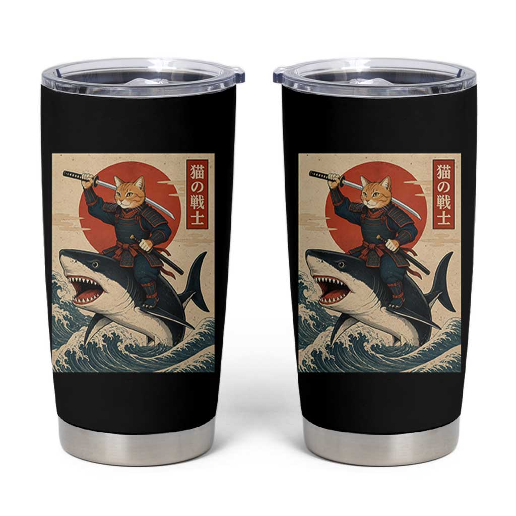 Funny Samurai Cat Riding Shark Tumbler Cup Vintage Japanese Ukiyoe