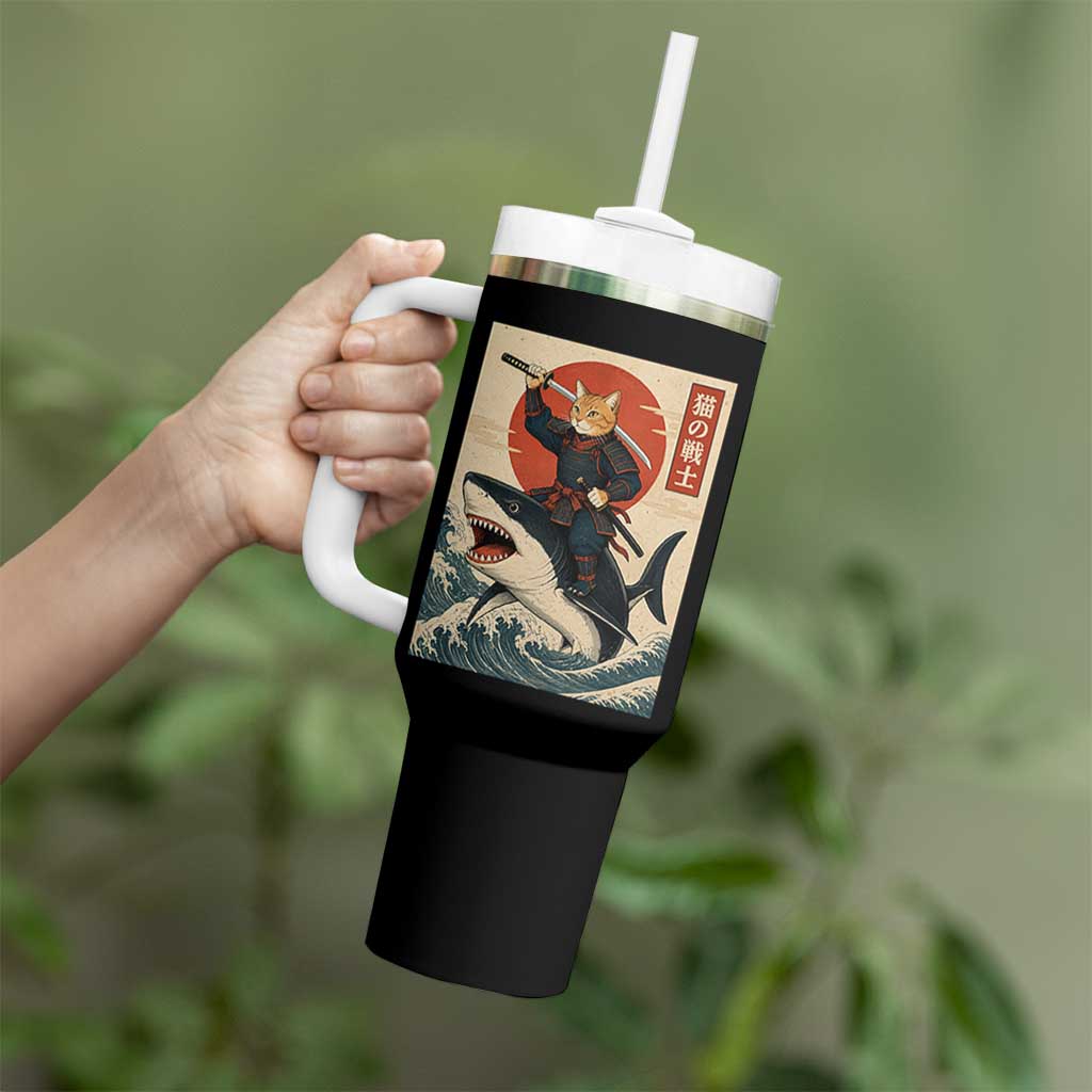 Funny Samurai Cat Riding Shark Tumbler With Handle Vintage Japanese Ukiyoe
