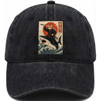 Funny Samurai Cat Riding Shark Washed Cotton Baseball Cap Vintage Japanese Ukiyoe