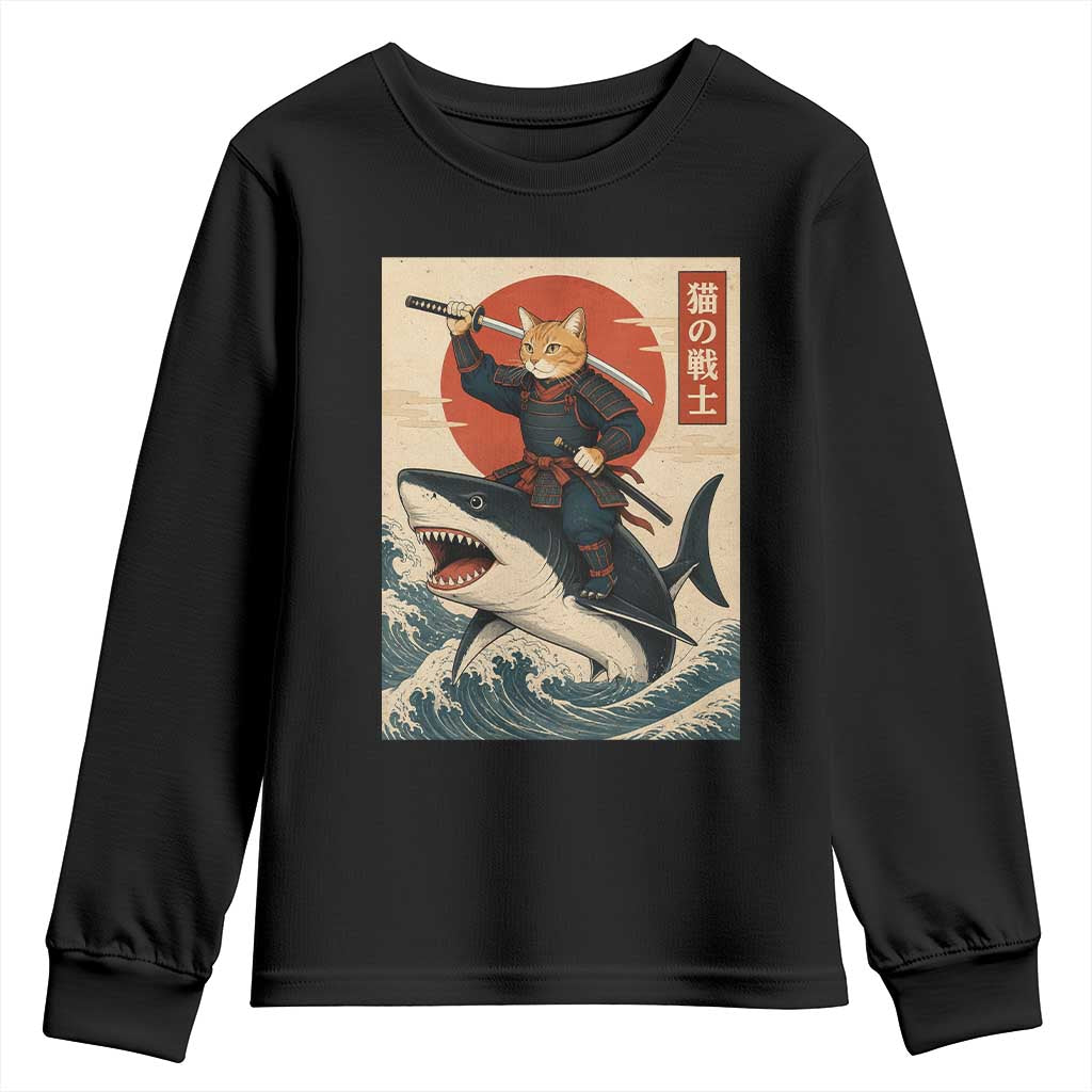Funny Samurai Cat Riding Shark Youth Sweatshirt Vintage Japanese Ukiyoe