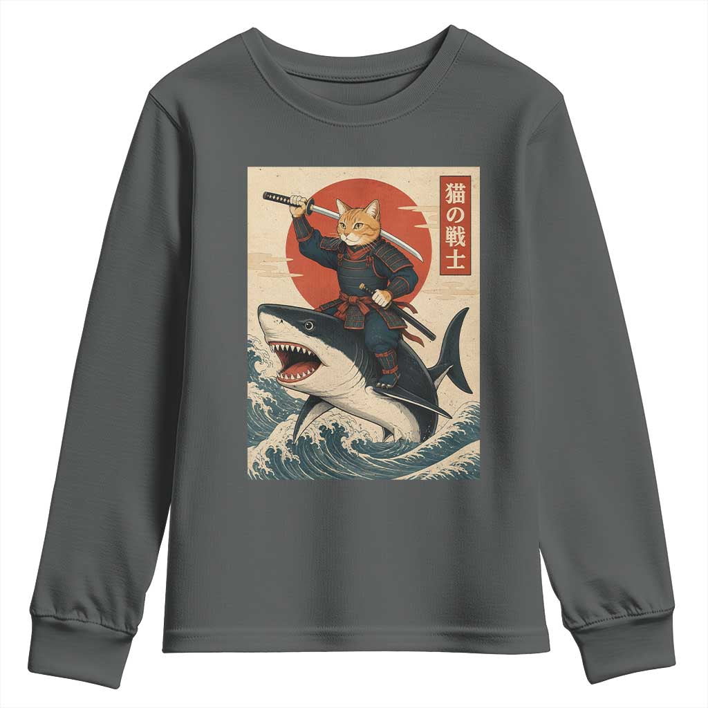 Funny Samurai Cat Riding Shark Youth Sweatshirt Vintage Japanese Ukiyoe
