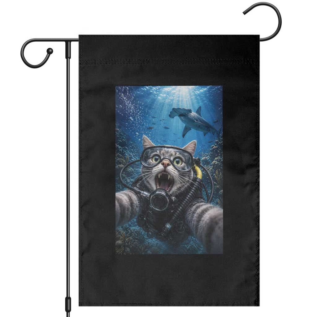 Funny Scuba Diving Cat Selfie With Hammerhead Shark Garden Flag