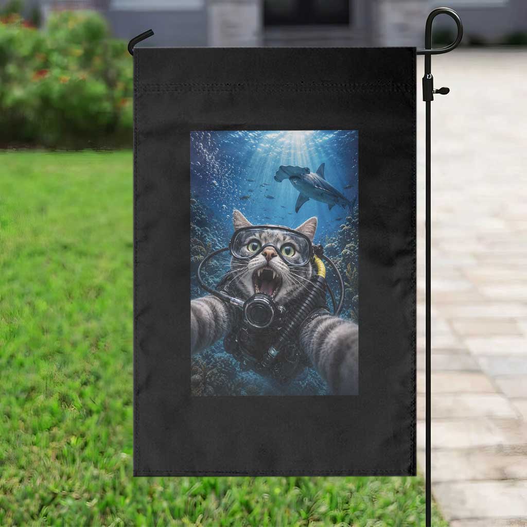 Funny Scuba Diving Cat Selfie With Hammerhead Shark Garden Flag