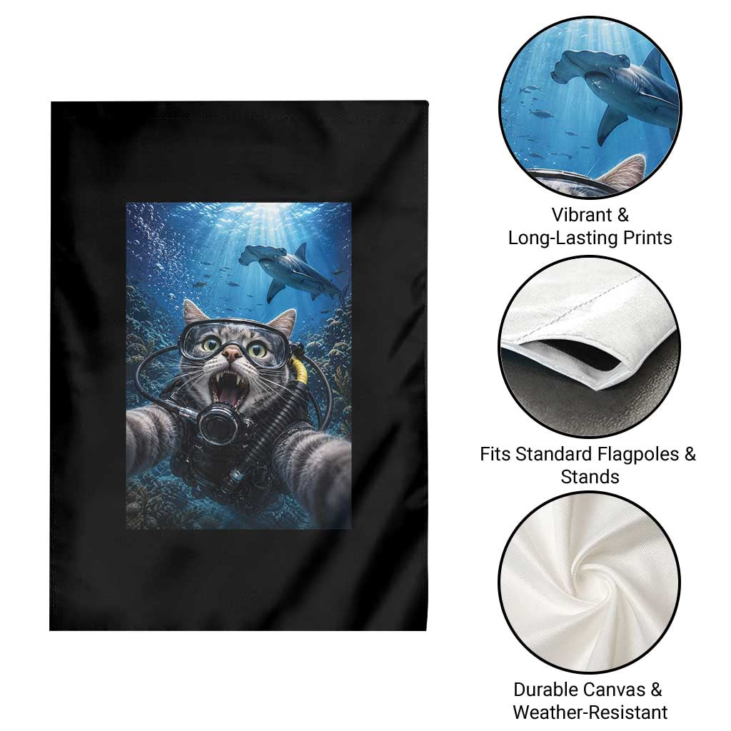 Funny Scuba Diving Cat Selfie With Hammerhead Shark Garden Flag