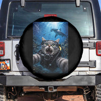 Funny Scuba Diving Cat Selfie With Hammerhead Shark Spare Tire Cover