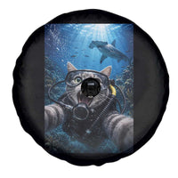 Funny Scuba Diving Cat Selfie With Hammerhead Shark Spare Tire Cover