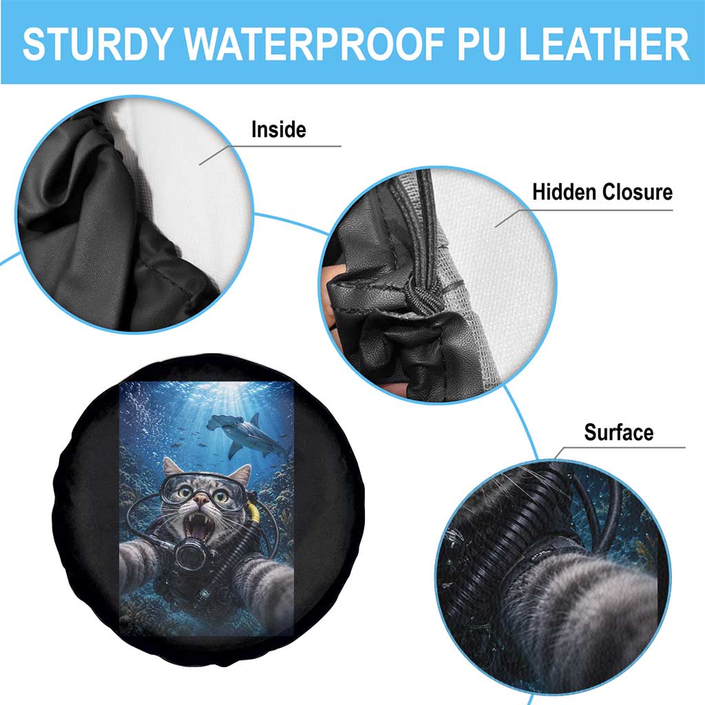 Funny Scuba Diving Cat Selfie With Hammerhead Shark Spare Tire Cover