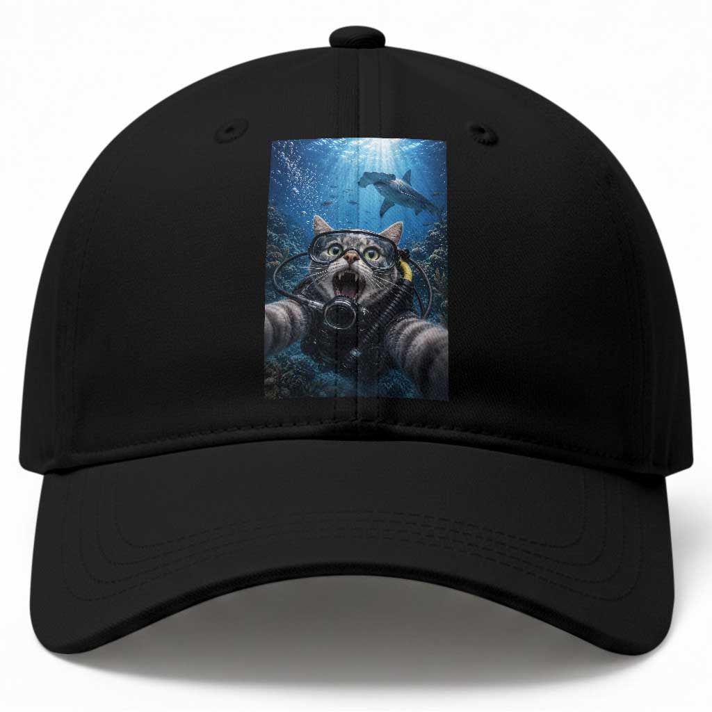 Funny Scuba Diving Cat Selfie With Hammerhead Shark Baseball Cap