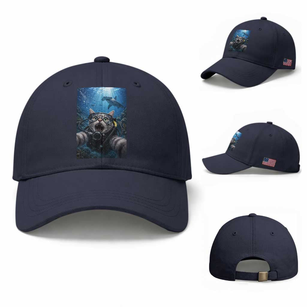 Funny Scuba Diving Cat Selfie With Hammerhead Shark Baseball Cap