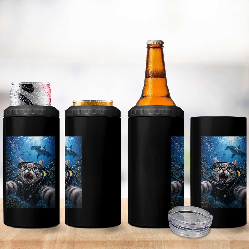 Funny Scuba Diving Cat Selfie With Hammerhead Shark 4 in 1 Can Cooler Tumbler