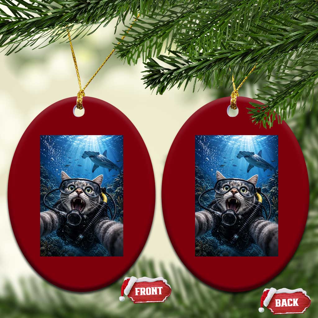 Funny Scuba Diving Cat Selfie With Hammerhead Shark Ceramic Ornament