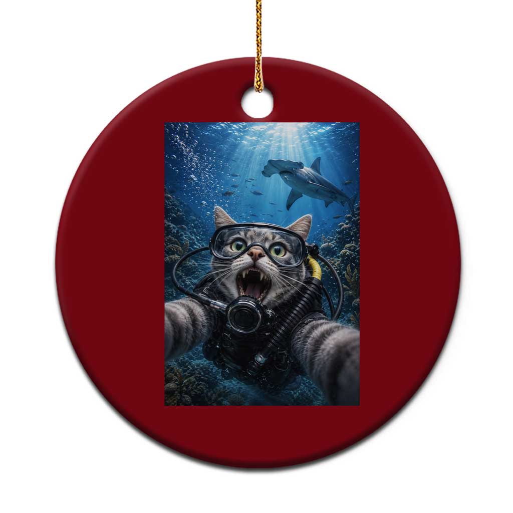 Funny Scuba Diving Cat Selfie With Hammerhead Shark Ceramic Ornament