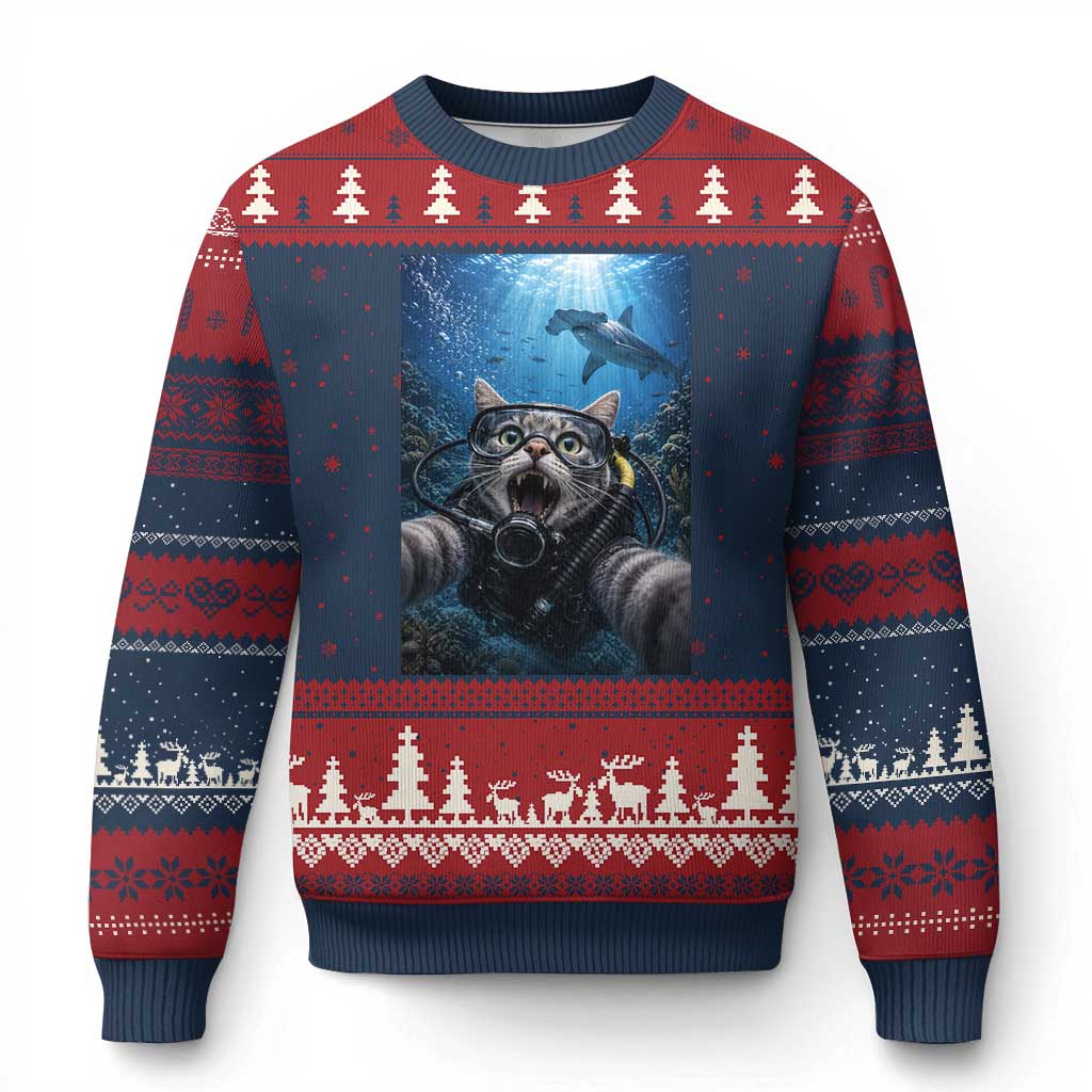 Funny Scuba Diving Cat Selfie With Hammerhead Shark Ugly Christmas Sweater