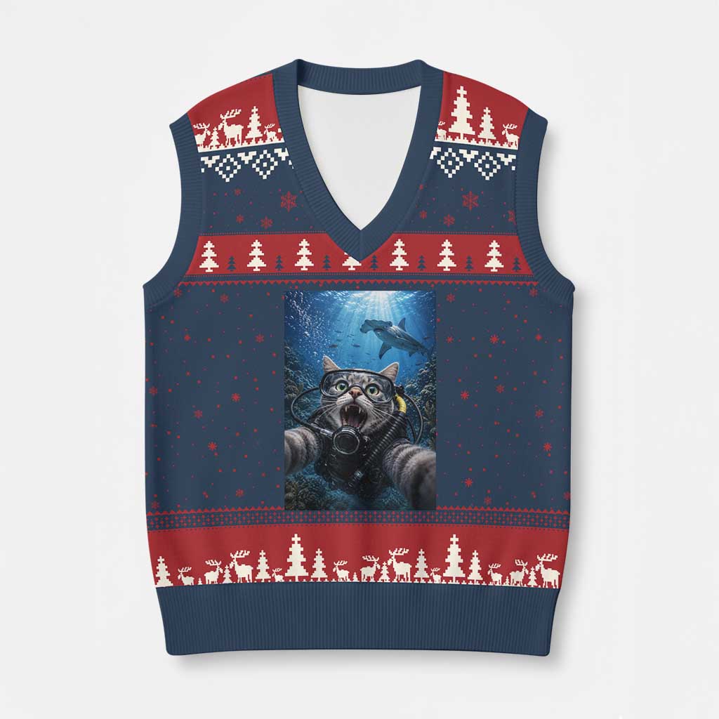 Funny Scuba Diving Cat Selfie With Hammerhead Shark V-Neck Knit Sweater Vest