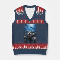 Funny Scuba Diving Cat Selfie With Hammerhead Shark V-Neck Knit Sweater Vest