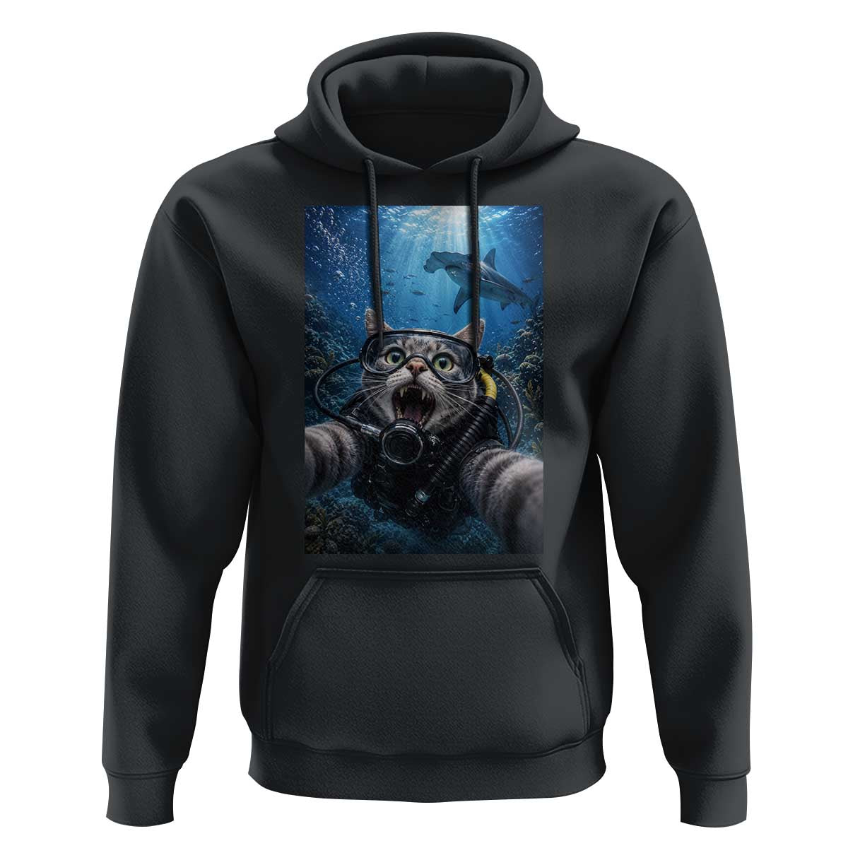 Funny Scuba Diving Cat Selfie With Hammerhead Shark Hoodie