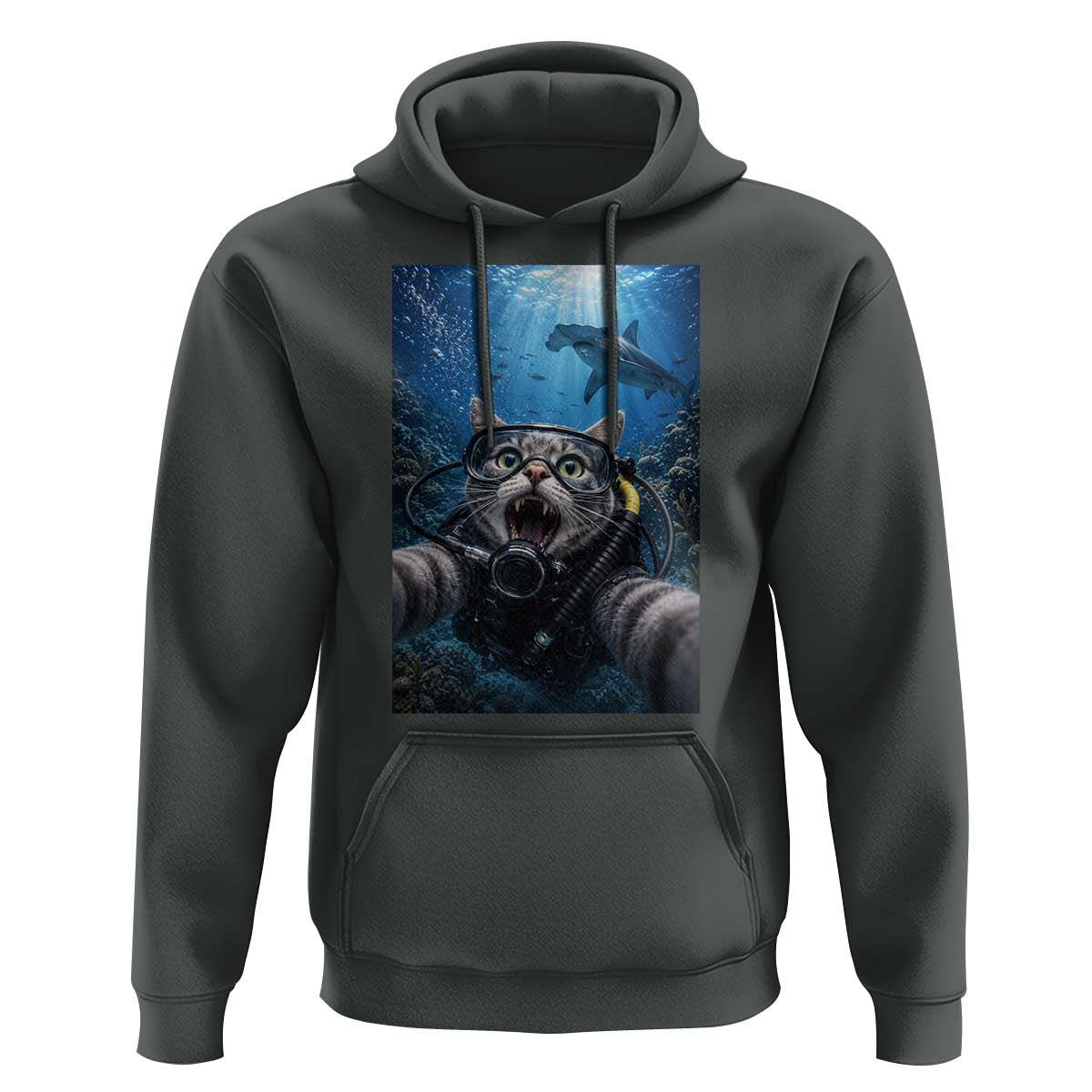 Funny Scuba Diving Cat Selfie With Hammerhead Shark Hoodie