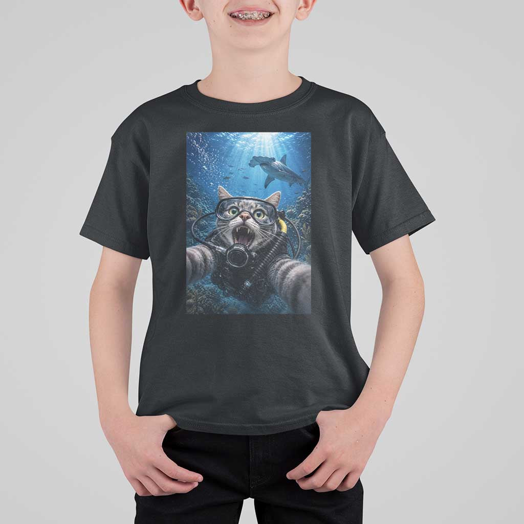 Funny Scuba Diving Cat Selfie With Hammerhead Shark T Shirt For Kid