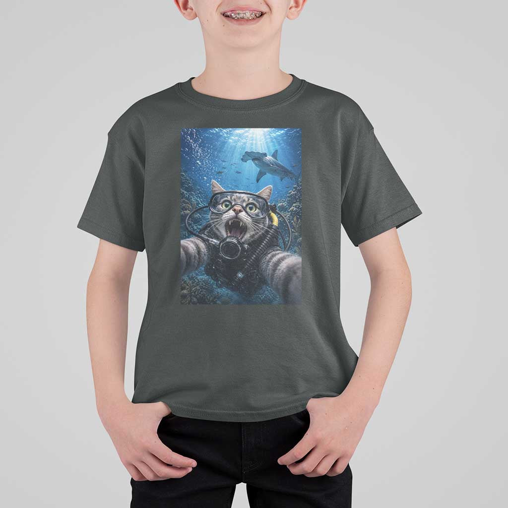 Funny Scuba Diving Cat Selfie With Hammerhead Shark T Shirt For Kid
