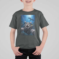 Funny Scuba Diving Cat Selfie With Hammerhead Shark T Shirt For Kid