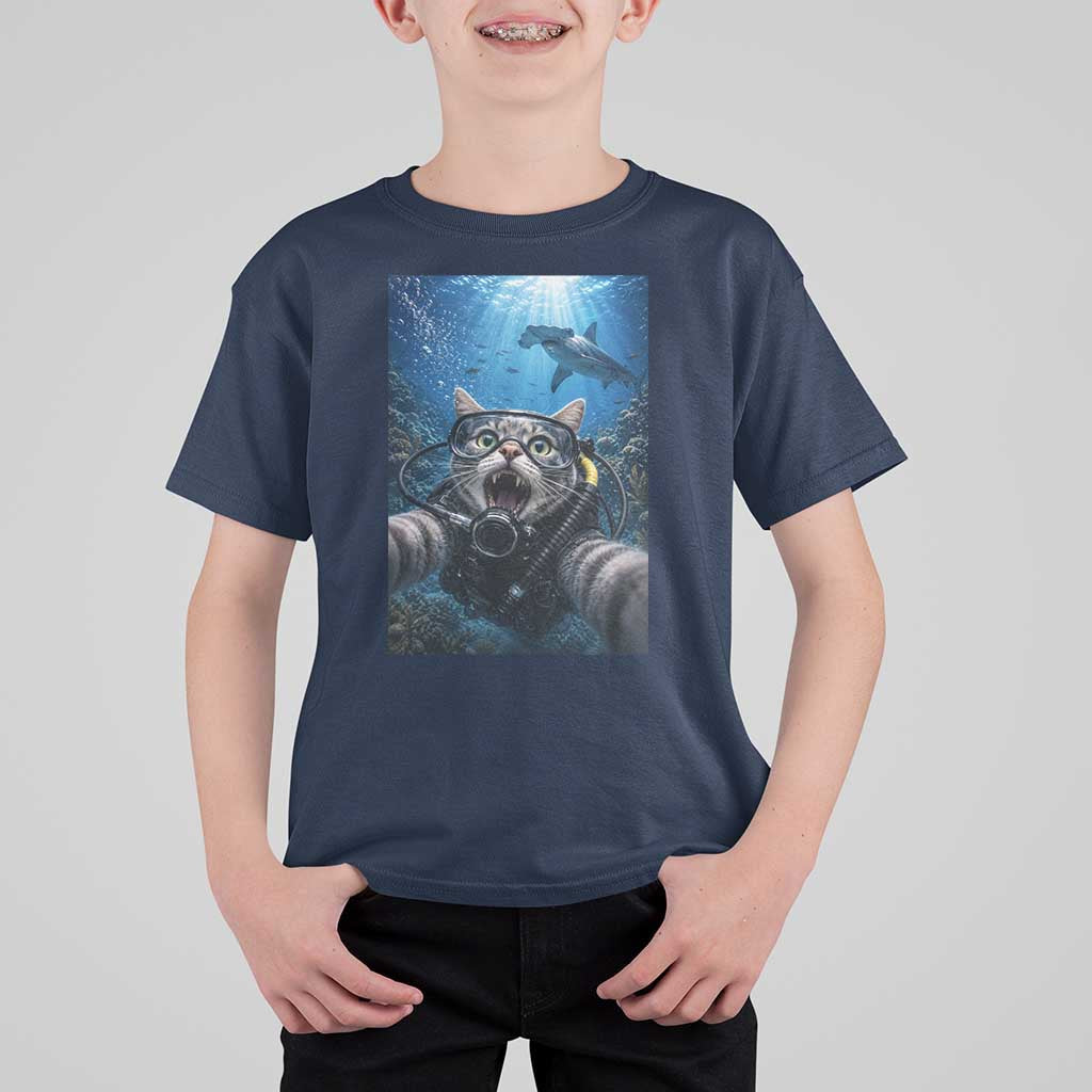 Funny Scuba Diving Cat Selfie With Hammerhead Shark T Shirt For Kid