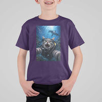 Funny Scuba Diving Cat Selfie With Hammerhead Shark T Shirt For Kid