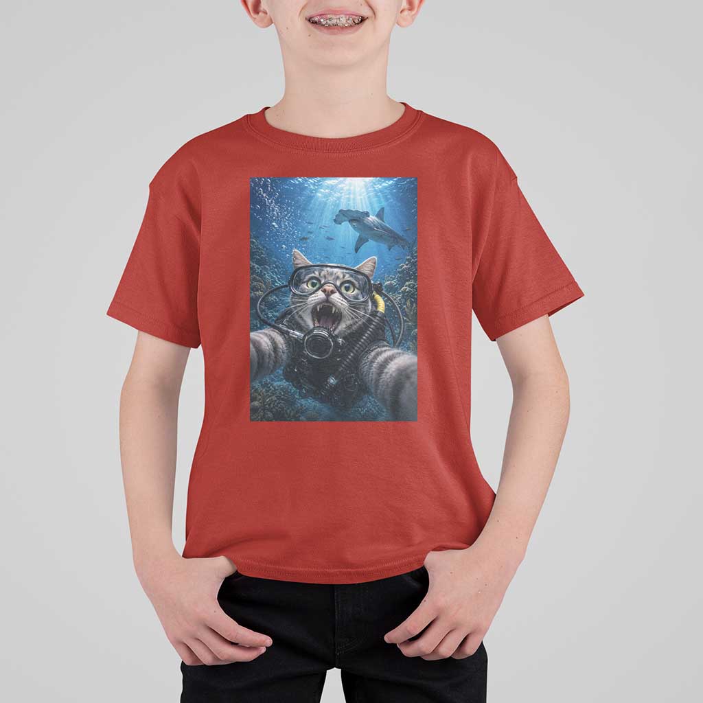 Funny Scuba Diving Cat Selfie With Hammerhead Shark T Shirt For Kid