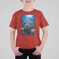 Funny Scuba Diving Cat Selfie With Hammerhead Shark T Shirt For Kid