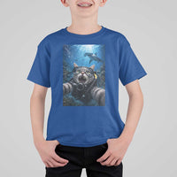 Funny Scuba Diving Cat Selfie With Hammerhead Shark T Shirt For Kid