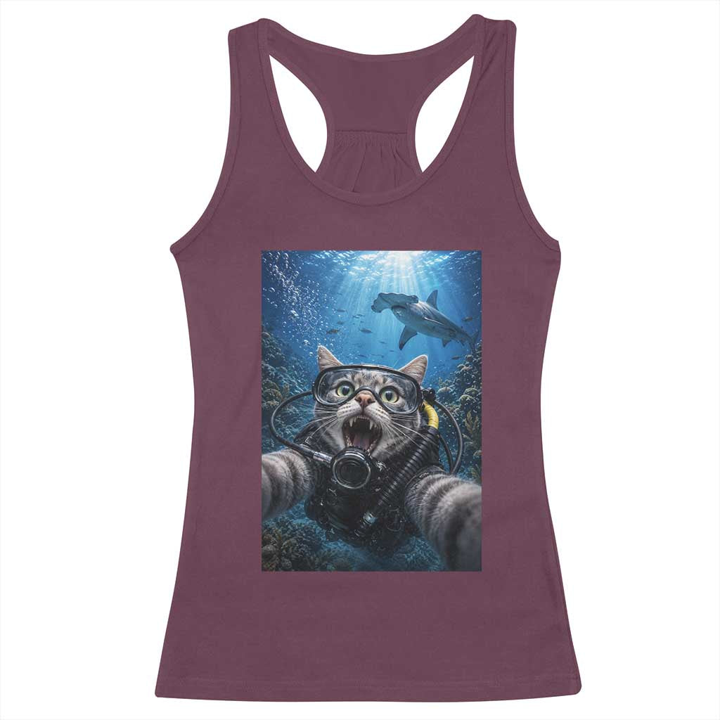 Funny Scuba Diving Cat Selfie With Hammerhead Shark Racerback Tank Top