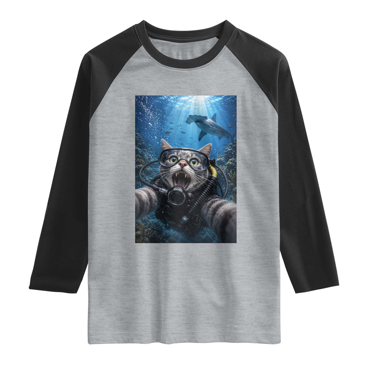 Funny Scuba Diving Cat Selfie With Hammerhead Shark Raglan Shirt