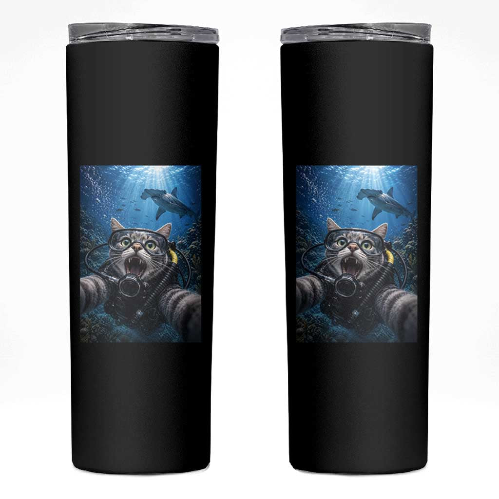Funny Scuba Diving Cat Selfie With Hammerhead Shark Skinny Tumbler