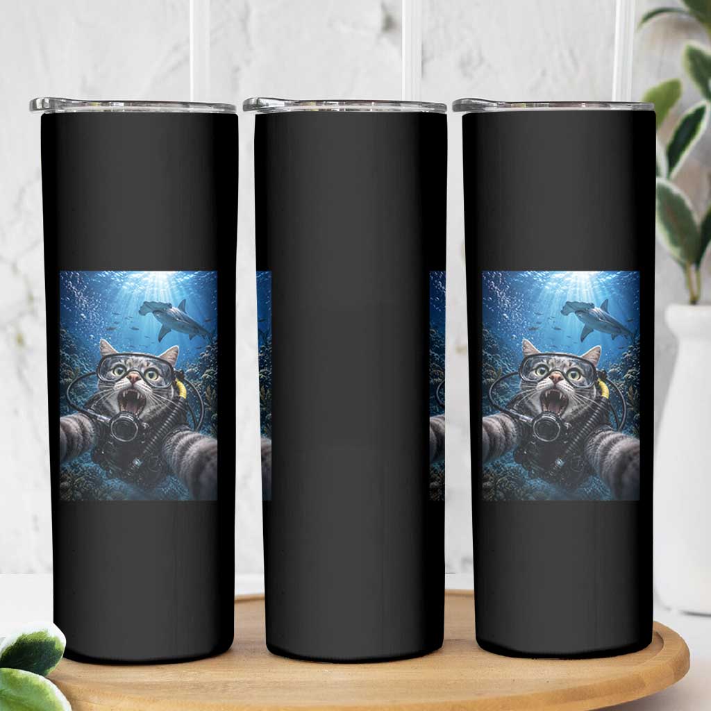Funny Scuba Diving Cat Selfie With Hammerhead Shark Skinny Tumbler