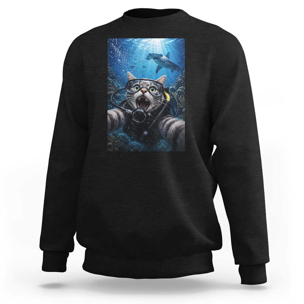 Funny Scuba Diving Cat Selfie With Hammerhead Shark Sweatshirt