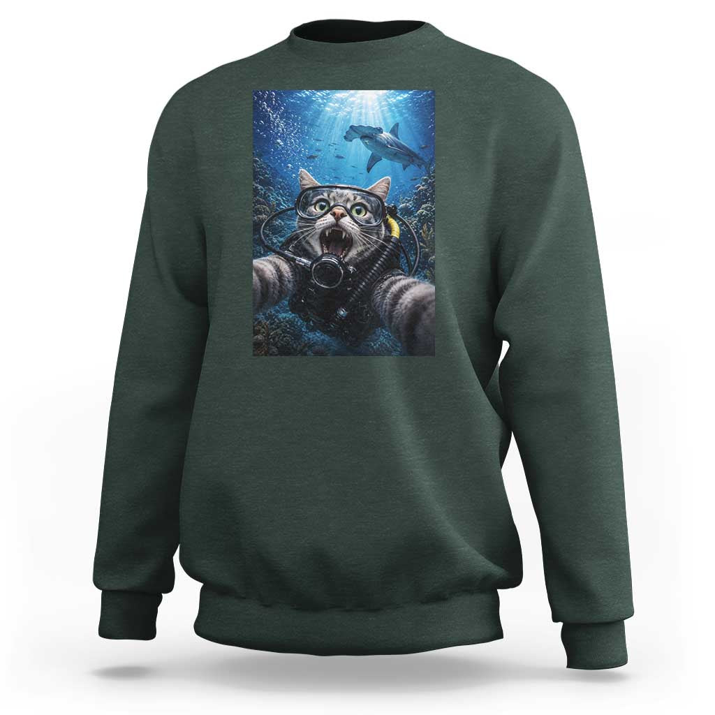 Funny Scuba Diving Cat Selfie With Hammerhead Shark Sweatshirt