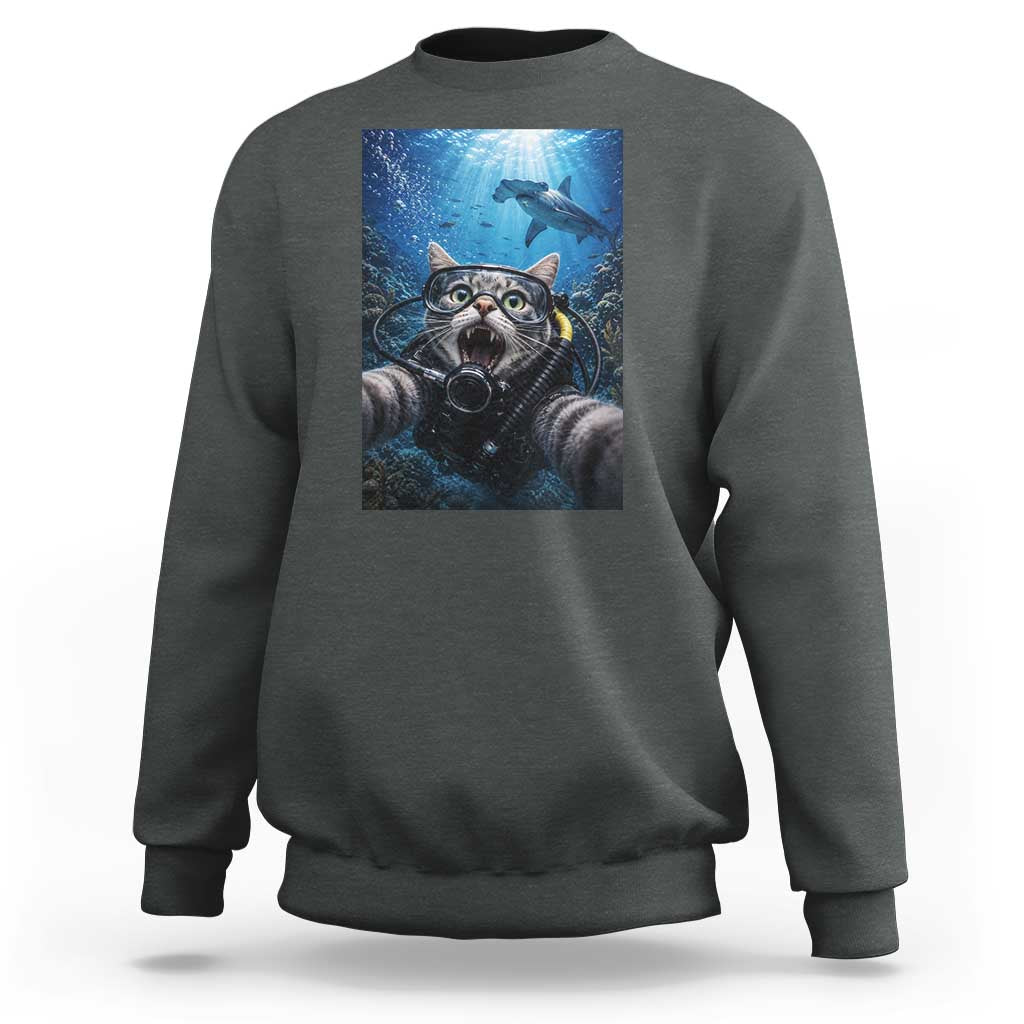 Funny Scuba Diving Cat Selfie With Hammerhead Shark Sweatshirt
