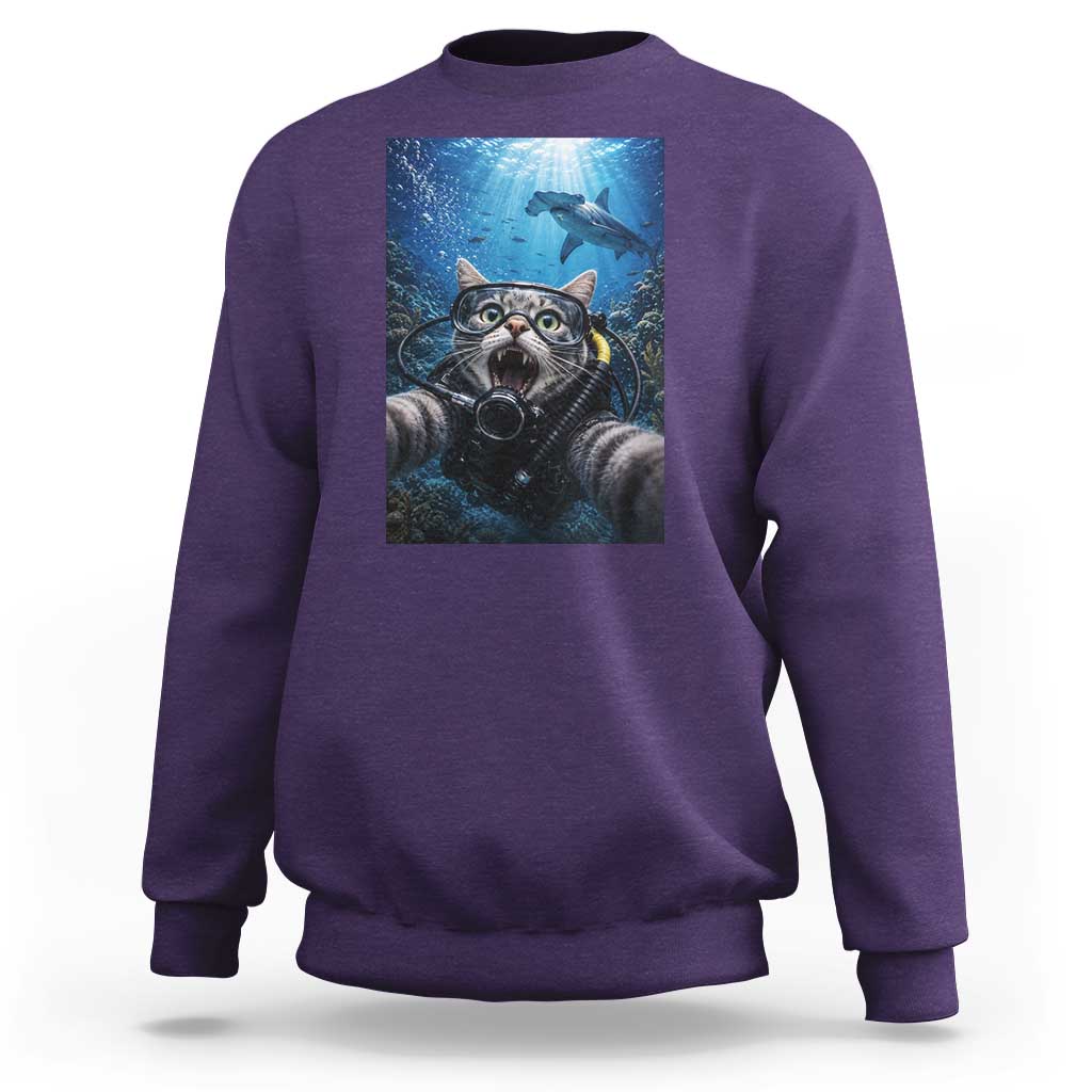 Funny Scuba Diving Cat Selfie With Hammerhead Shark Sweatshirt
