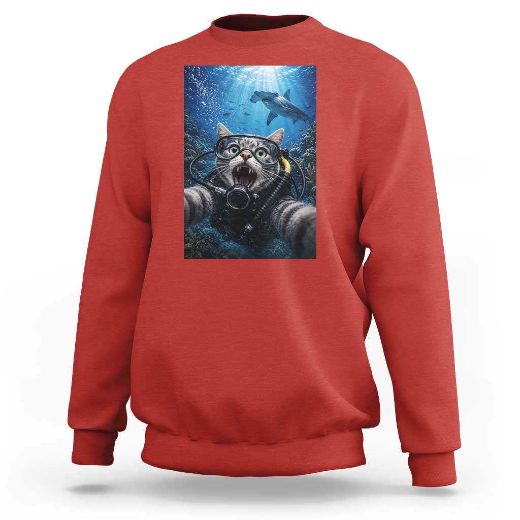 Funny Scuba Diving Cat Selfie With Hammerhead Shark Sweatshirt