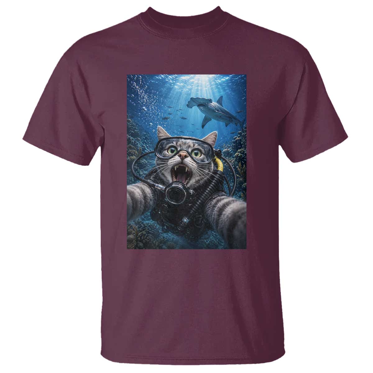 Funny Scuba Diving Cat Selfie With Hammerhead Shark T Shirt
