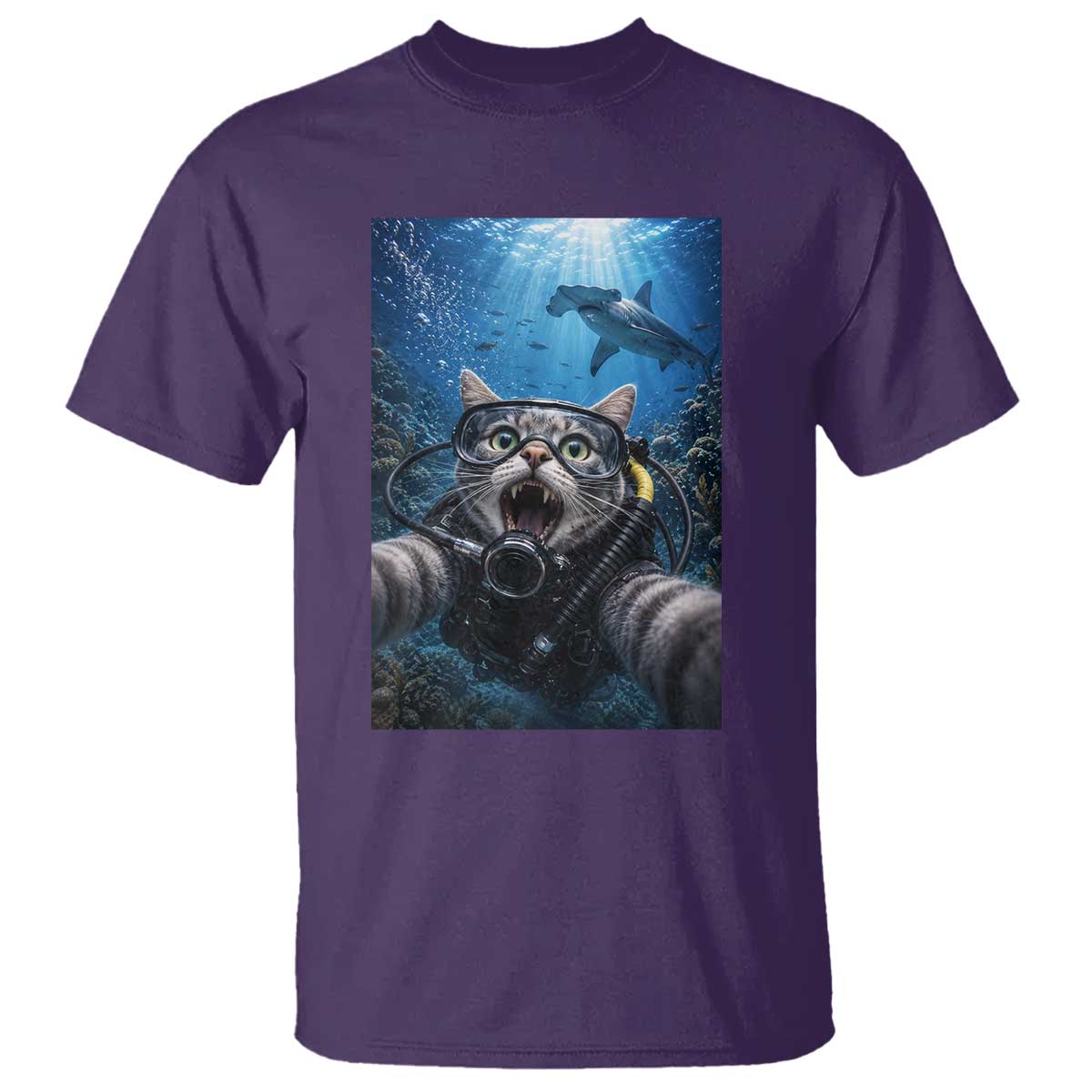 Funny Scuba Diving Cat Selfie With Hammerhead Shark T Shirt
