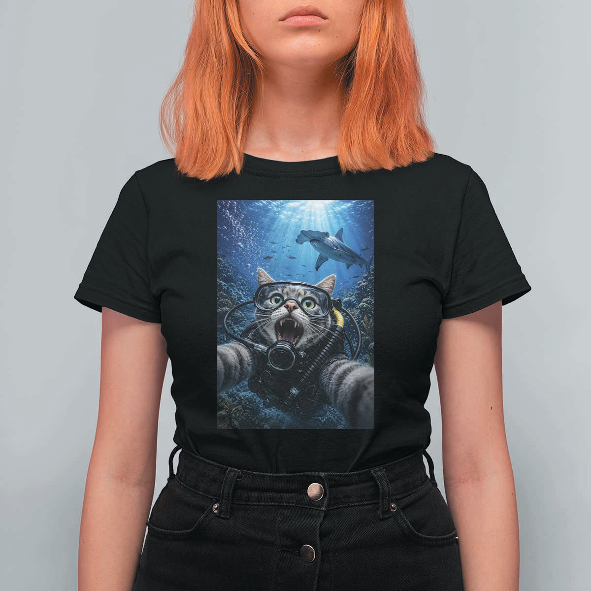 Funny Scuba Diving Cat Selfie With Hammerhead Shark T Shirt For Women